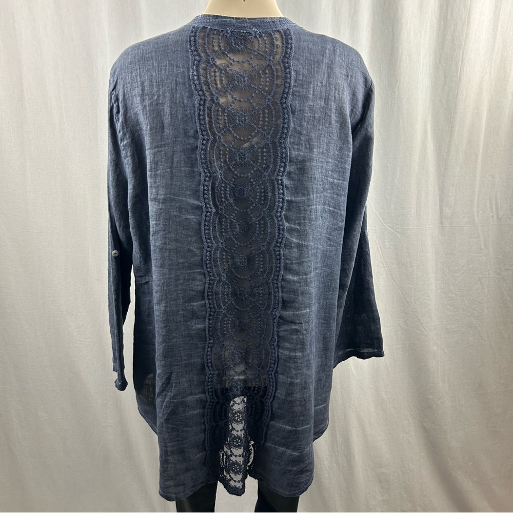 Made In Italy Blue Linen Button Down Blouse with Roll-tab Sleeves M - Picture 2 of 11
